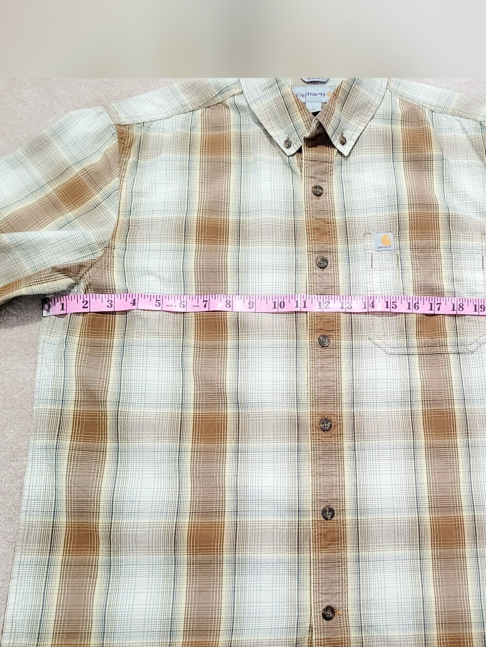 Carhartt Relaxed Fit Plaid Button Front Shirt Mens Size Large Short Sleeve Beige - Picture 6 of 8